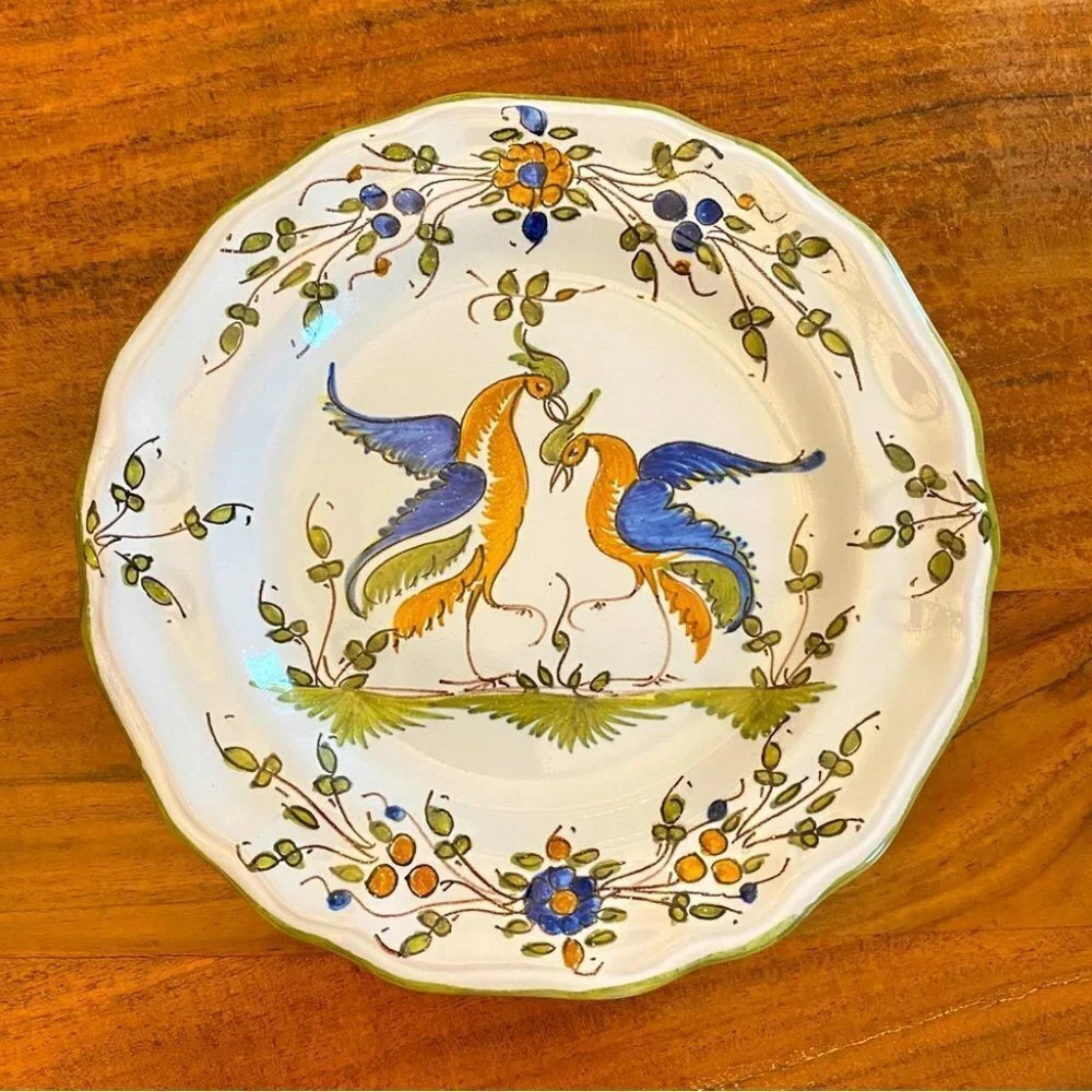 Fait Main French Faience Porcelain  Plate with Bird and Flower motif 9in